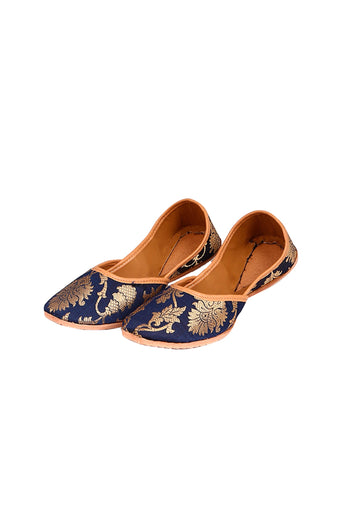 Navy Blue Brocade Genuine Leather Punjabi Jutti